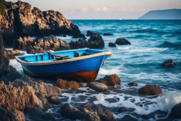 Een blauwe boot is op het strand en het water is blauw.