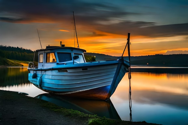 een blauwe boot ligt aangemeerd in een haven met een zonsondergang op de achtergrond.