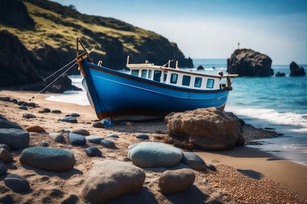 een blauwe boot op een strand met rotsen en rotsen op de achtergrond