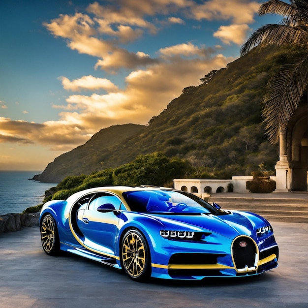 Een blauwe Bugatti Chiron in de heuvel en de zee