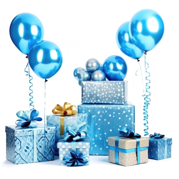 Een blauwe cadeau doos met blauwe ballonnen en een blauw lint met een witte achtergrond.