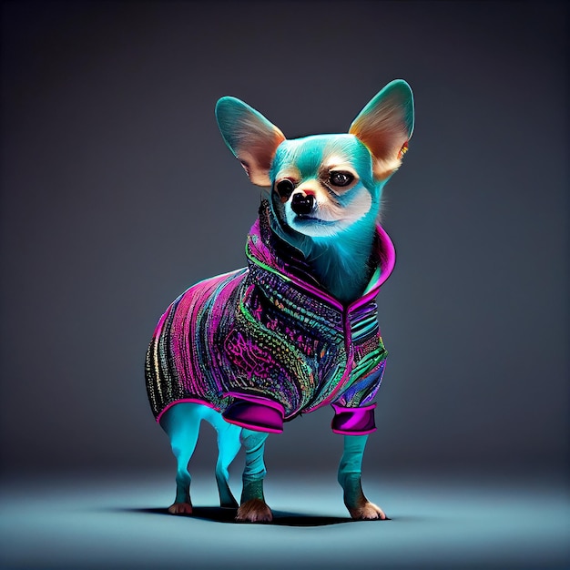 Een blauwe chihuahua die een trui draagt waar 'chihuahua' op staat.