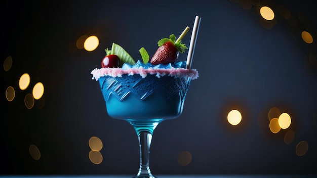 Een blauwe cocktail met een blauw drankje en aardbeien erop.