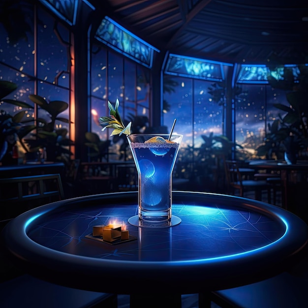 Een blauwe cocktail met een kaars op een tafel in een bar.