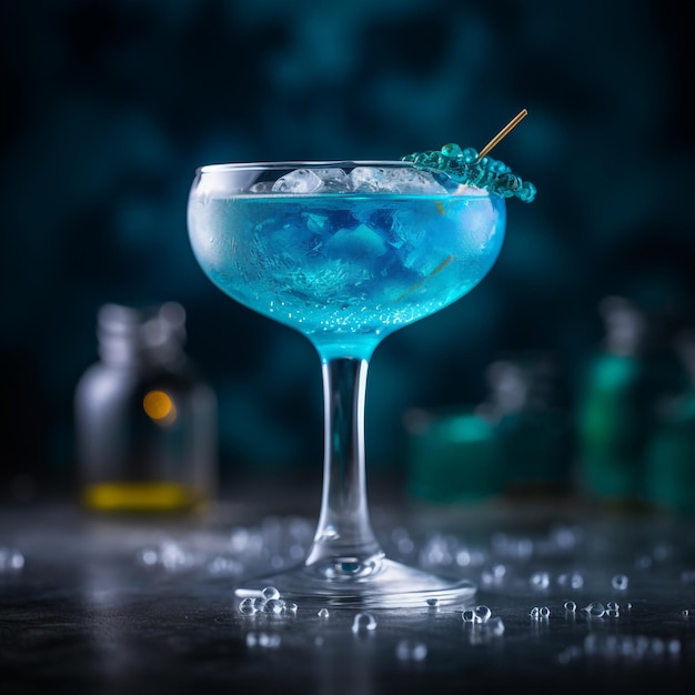 Een blauwe cocktail met een wit ijsblokje erin