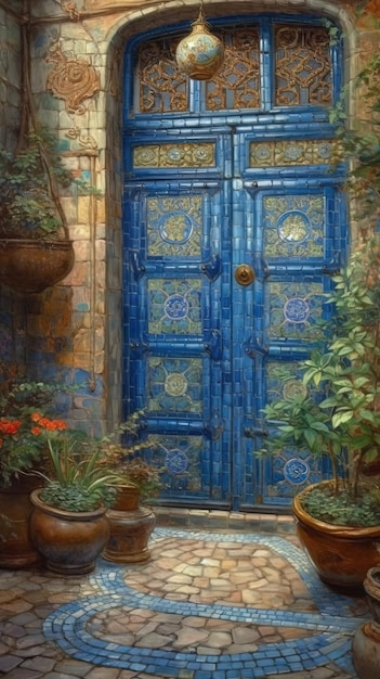 Een blauwe deur met een blauwe deur waar "potplanten" op staat.