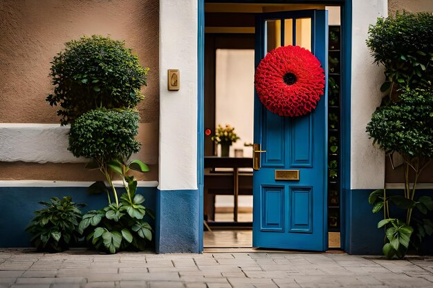 een blauwe deur met een krans erop met de tekst "welkom".