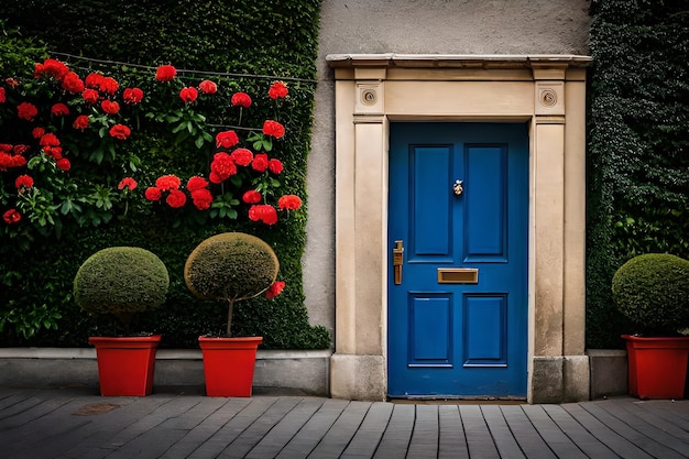 een blauwe deur met een potplant erop