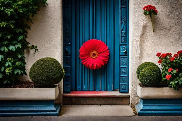 een blauwe deur met een rode bloem erop