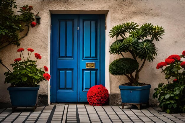 een blauwe deur met een rode bloem erop