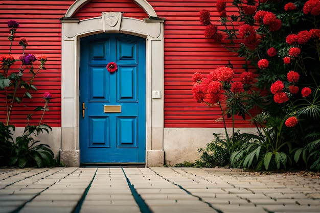 Foto een blauwe deur met een rode bloem erop