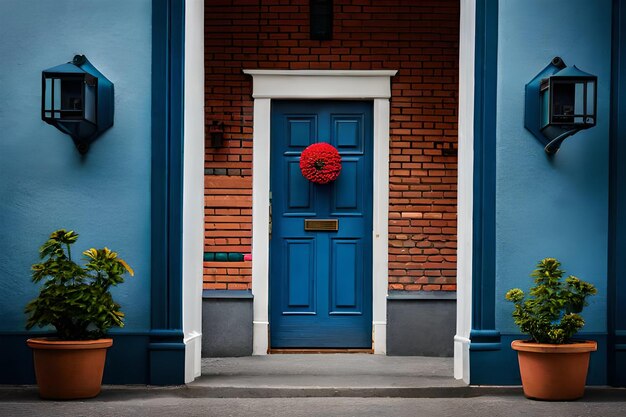 Een blauwe deur met een rode krans erop