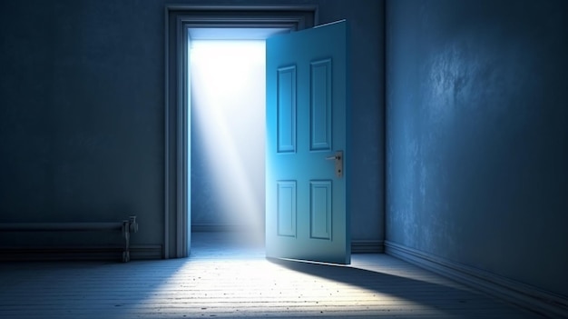 Een blauwe deur waar een fel licht doorheen schijnt