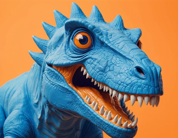 Foto een blauwe dinosaurus met oranje ogen en oranje ogen