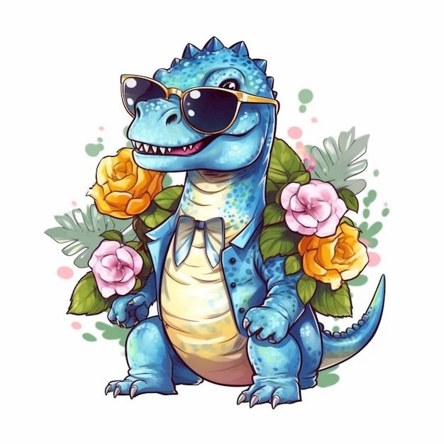 Foto een blauwe dinosaurus met zonnebril en bloemen in zijn mond generatieve ai