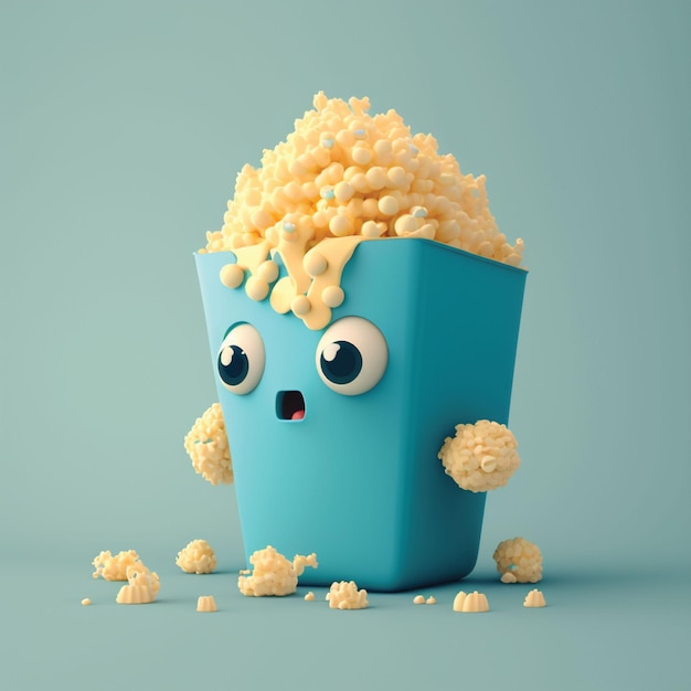 Een blauwe doos popcorn met een gezicht dat popcorn zegt