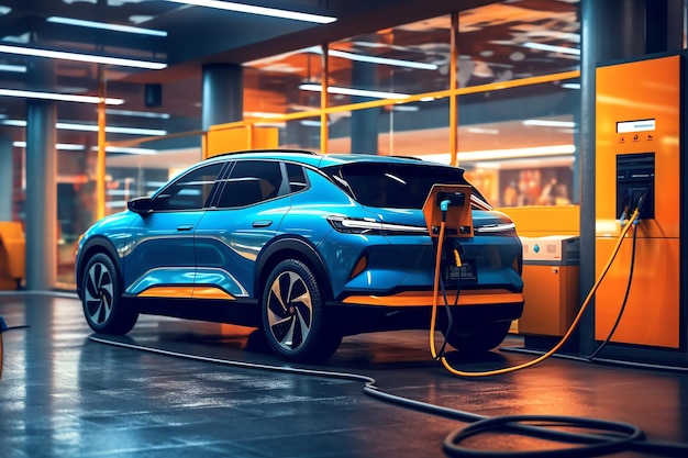 Een blauwe elektrische auto wordt opgeladen bij een laadpaal.
