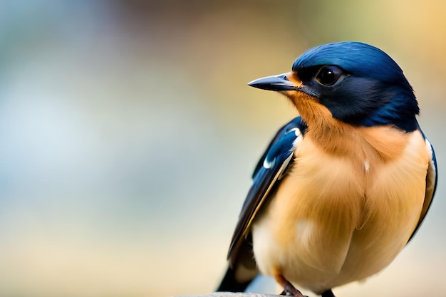 Een blauwe en bruine vogel met een zwarte snavel en oranje markeringen op zijn kop.