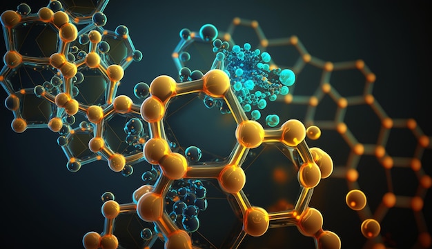 Een blauwe en gele achtergrond met een molecuul en het woord chemie.
