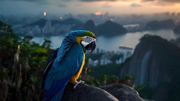 Een blauwe en gele ara zit op een klif in Rio de Janeiro.