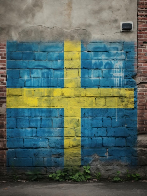 Een blauwe en gele vlag geschilderd op een bakstenen muur
