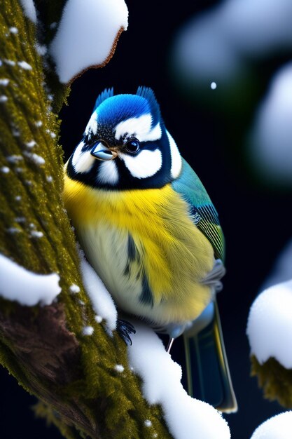 Een blauwe en gele vogel zit op een boomtak.