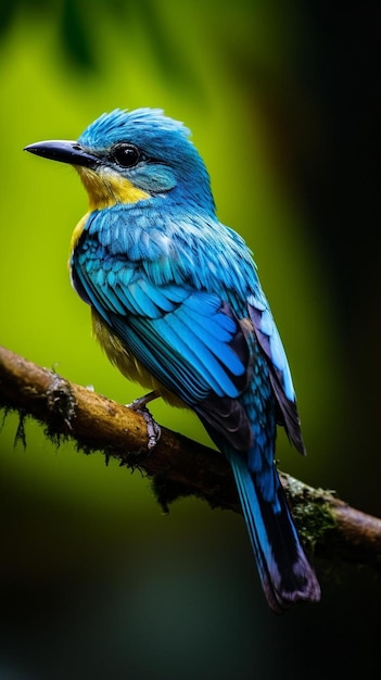 een blauwe en gele vogel zittend op een tak