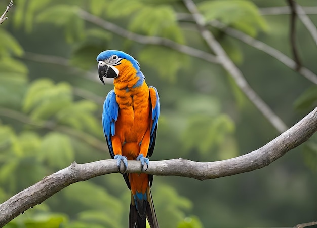 Een blauwe en oranje ara zit op een tak.