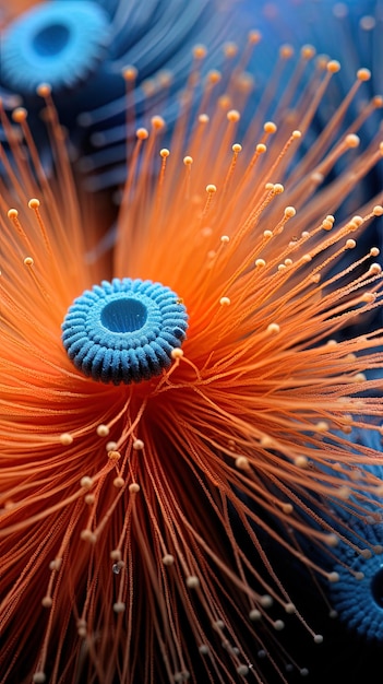 een blauwe en oranje bloem met een blauwe ring eromheen