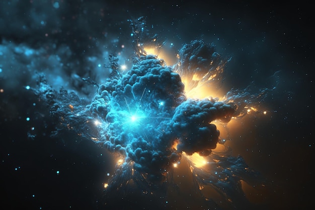Een blauwe en oranje explosie in de ruimte met een rookwolk en een starburst op de achtergrond.
