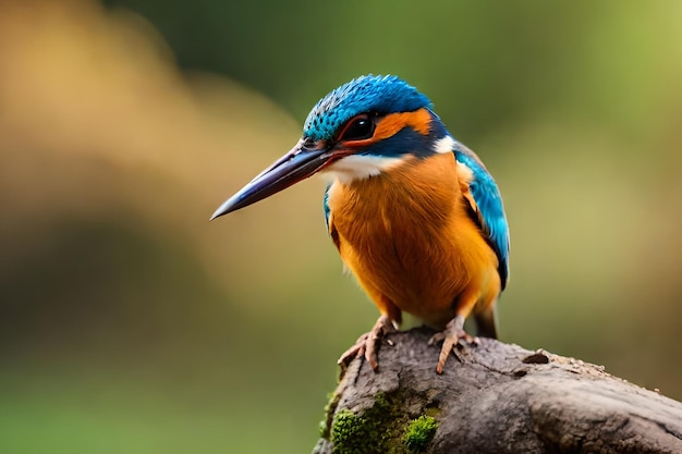 Een blauwe en oranje vogel met een lange snavel zit op een tak.