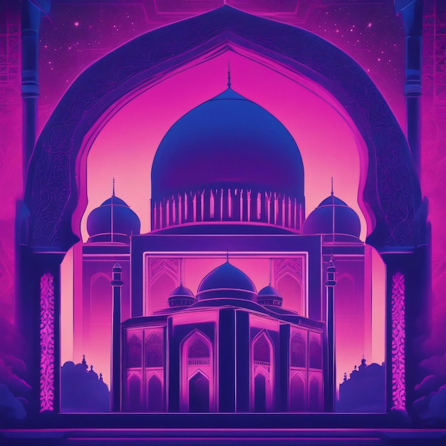 Een blauwe en paarse islamitische poster met een moskee in het midden