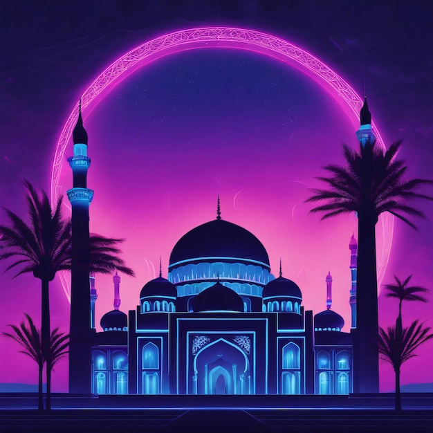 Een blauwe en paarse islamitische poster met een moskee in het midden
