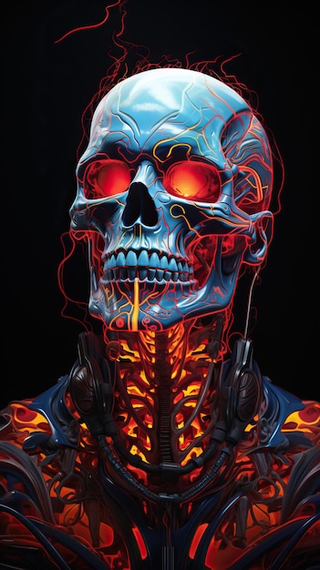 een blauwe en rode schedel met rode gloeiende ogen