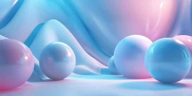 Een blauwe en roze achtergrond met een stel witte bollen op de achtergrond
