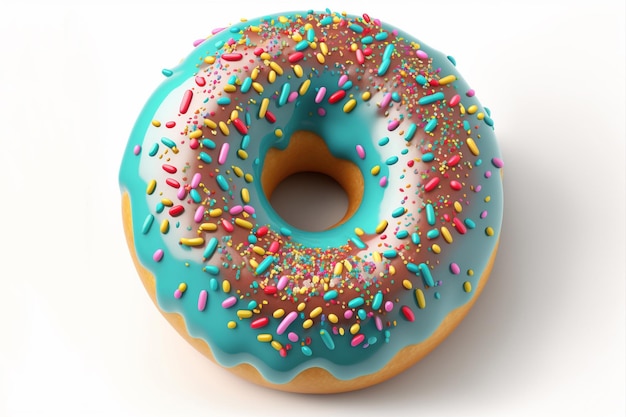 Een blauwe en roze donut met hagelslag erop.