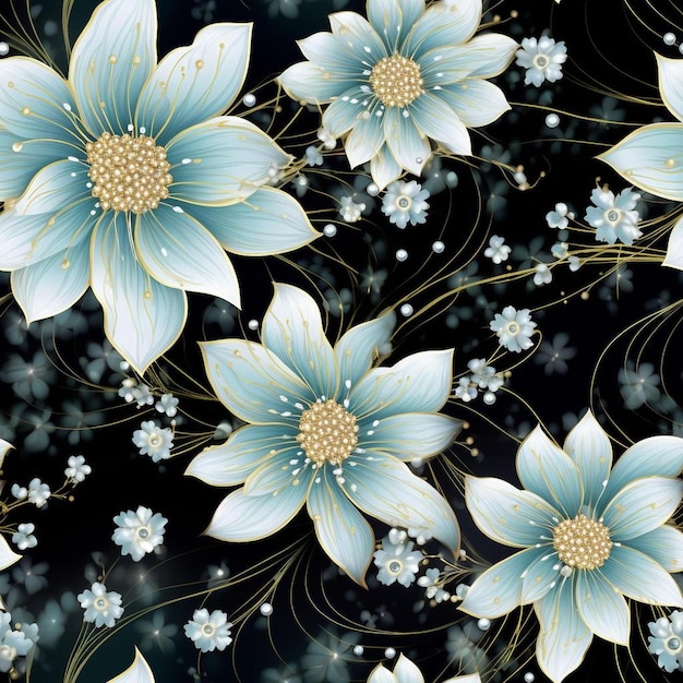 Een blauwe en witte bloemenachtergrond met bloemen en de woorden "lente" erop.