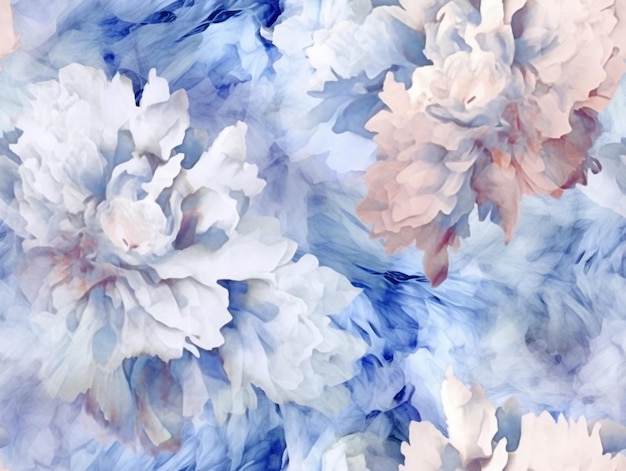 Een blauwe en witte bloemenachtergrond met pioenrozen.