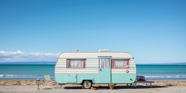Een blauwe en witte trailer geparkeerd op het strand