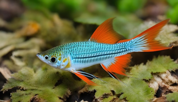 een blauwe en witte vis met een rode staart zit op een groene plant