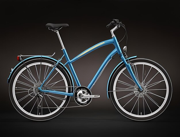 Een blauwe fiets met een zwarte achtergrond.