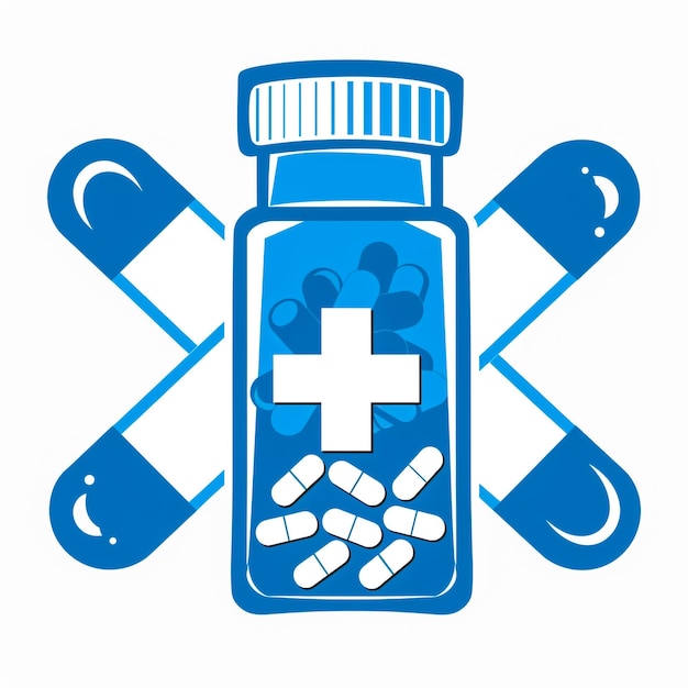 een blauwe fles met een medisch symbool erop dat zegt medische pillen