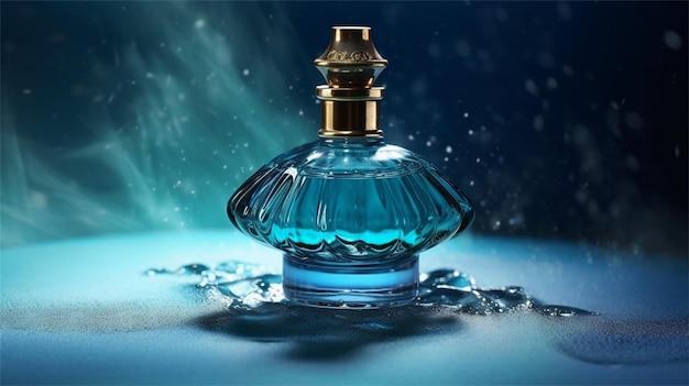 Een blauwe fles parfum met het woord parfum erop
