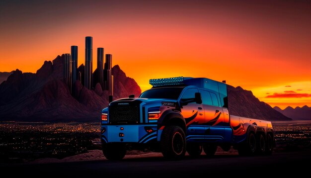 Een blauwe Ford F 150-vrachtwagen staat geparkeerd voor een stadsgezicht