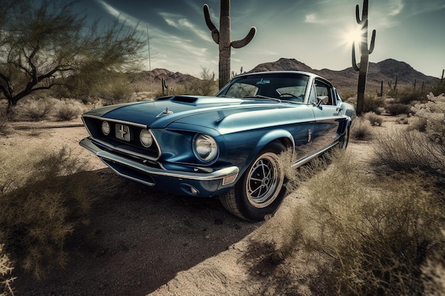 Een blauwe Ford Mustang staat geparkeerd in een woestijn.