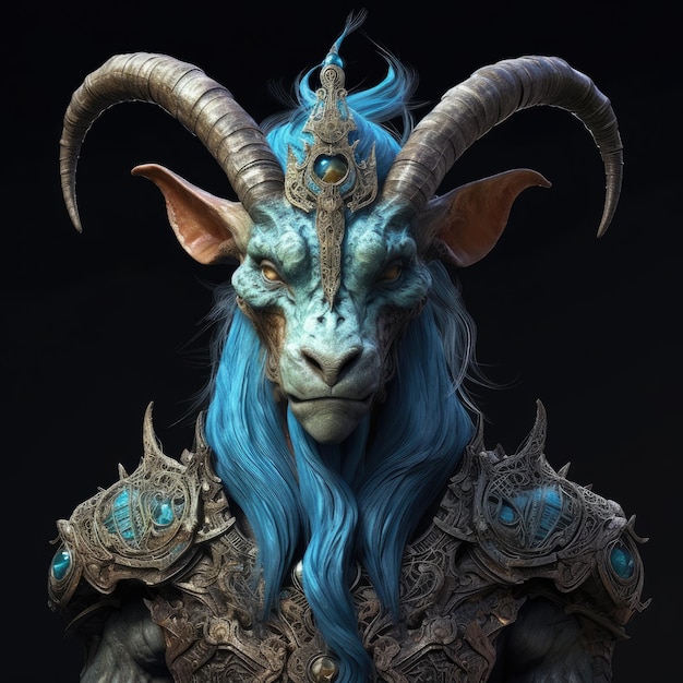 Een blauwe geit met een blauwe kop en hoorns staat voor een zwarte achtergrond.