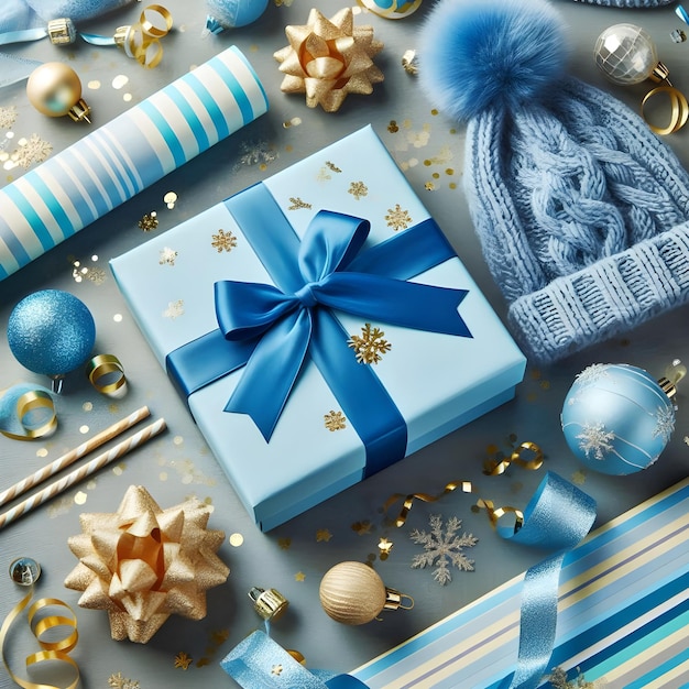 Foto een blauwe geschenkdoos met een blauw lint en een blauwe lint
