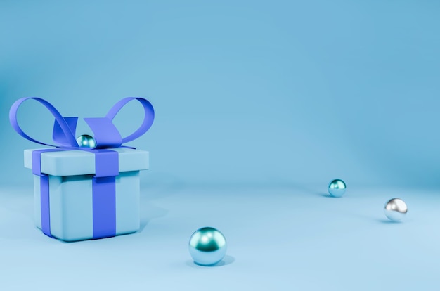 een blauwe geschenkdoos met een paarse lint kerst achtergrond