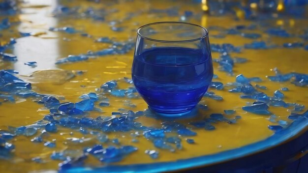 Een blauwe glazen tafeltop met een blauwe en gele achtergrond