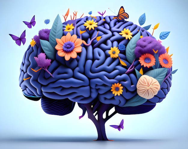 Een blauwe hersenboom met bloemen erop